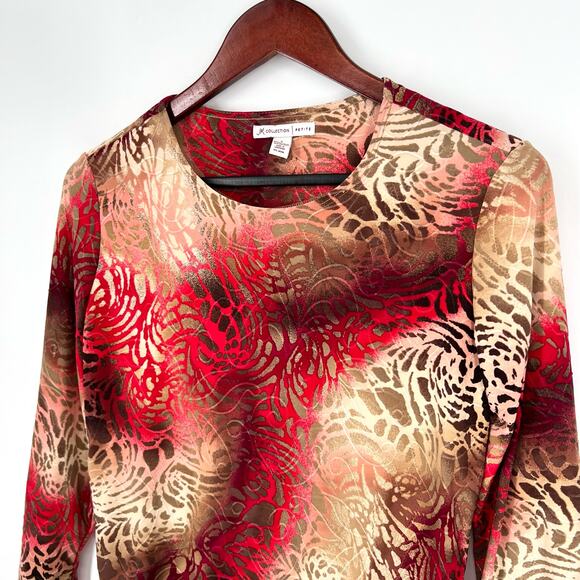 JM Collection Small Petite SP Stretchy Red Animal Print 3/4 Sleeve Shirt Top - Picture 4 of 9